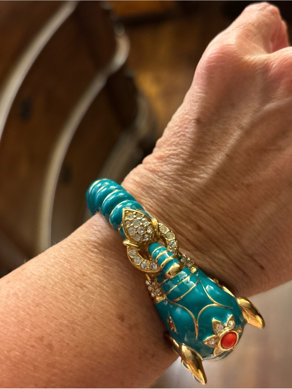 Kenneth Jay Lane KJL Teal Enamel & Rhinestone Elephant Head Cuff Bracelet - Picture 6 of 10